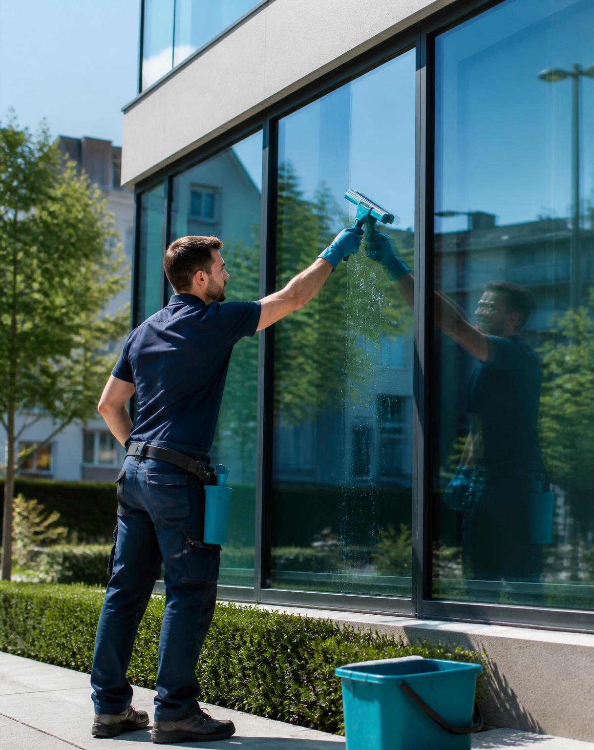 Artisan Brixel nettoyant une façade vitrée à Bruxelles
